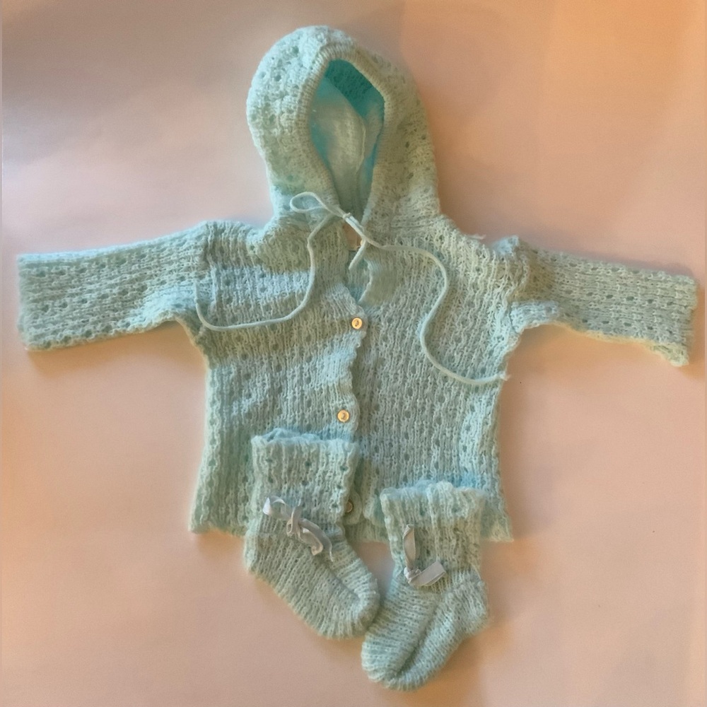 Vintage Aqua Baby Knit Hooded Cardigan with Booties
